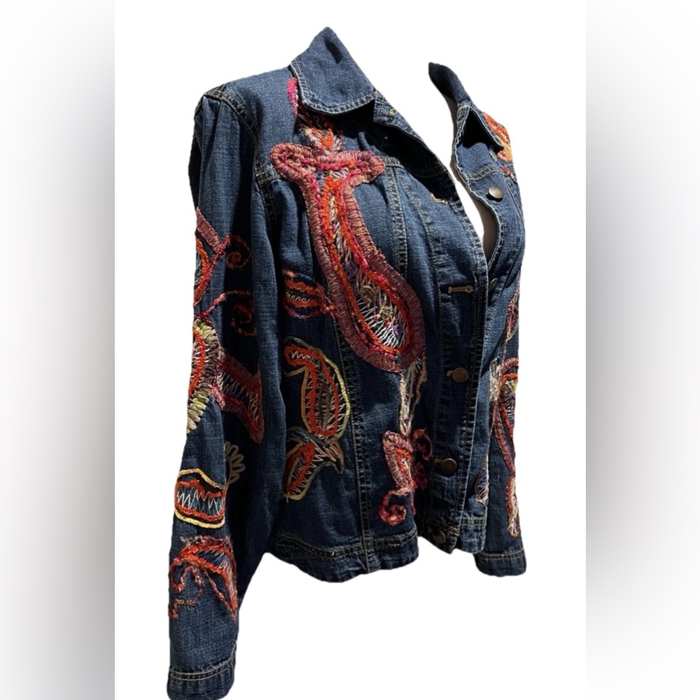 VTG Alexis & Avery Boho Denim Jacket Blue Jean Hippie Abstract Embroidered Sz M